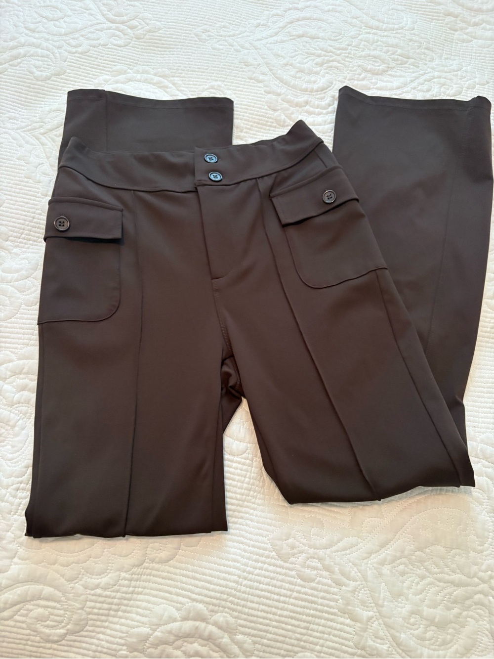 Chocolate Brown Women's Halara flare leg pants.